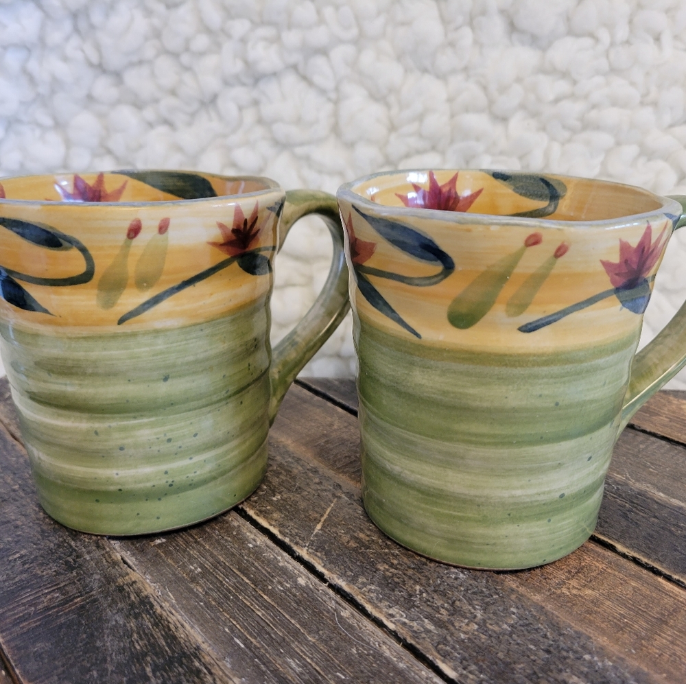 Pier 1 Stoneware Set of 2 Mugs Coffee Tea Cups Pattern "Elizabeth"
